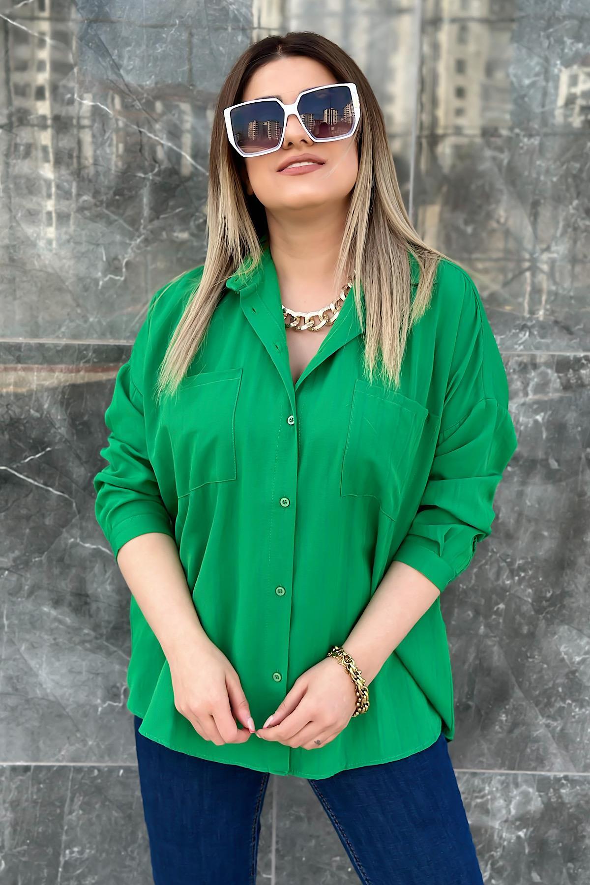 Çift Cepli Kendinden Çizgili Pamuklu Gömlek 325 YEŞİL