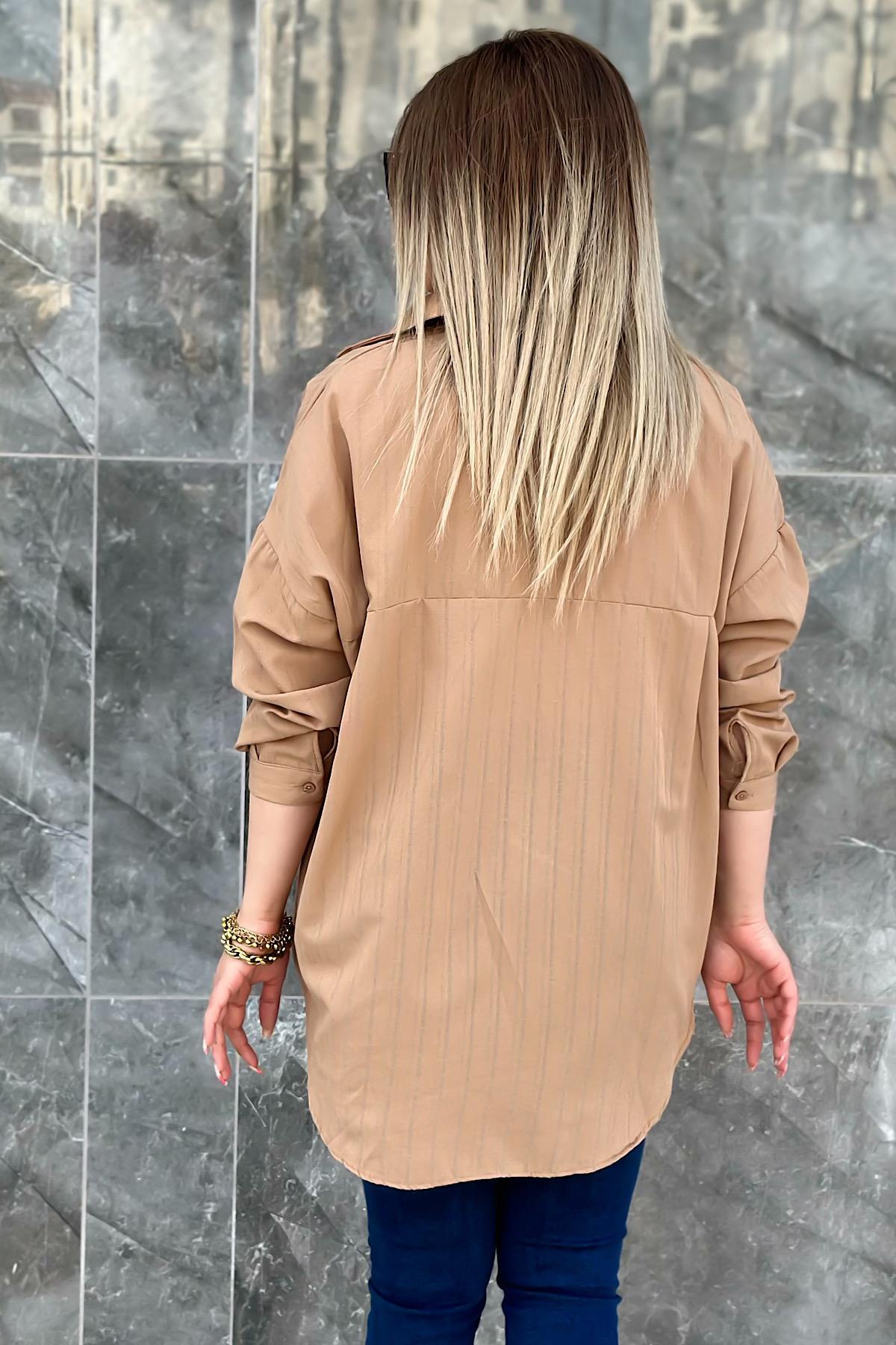 Çift Cepli Kendinden Çizgili Pamuklu Gömlek 325 CAMEL