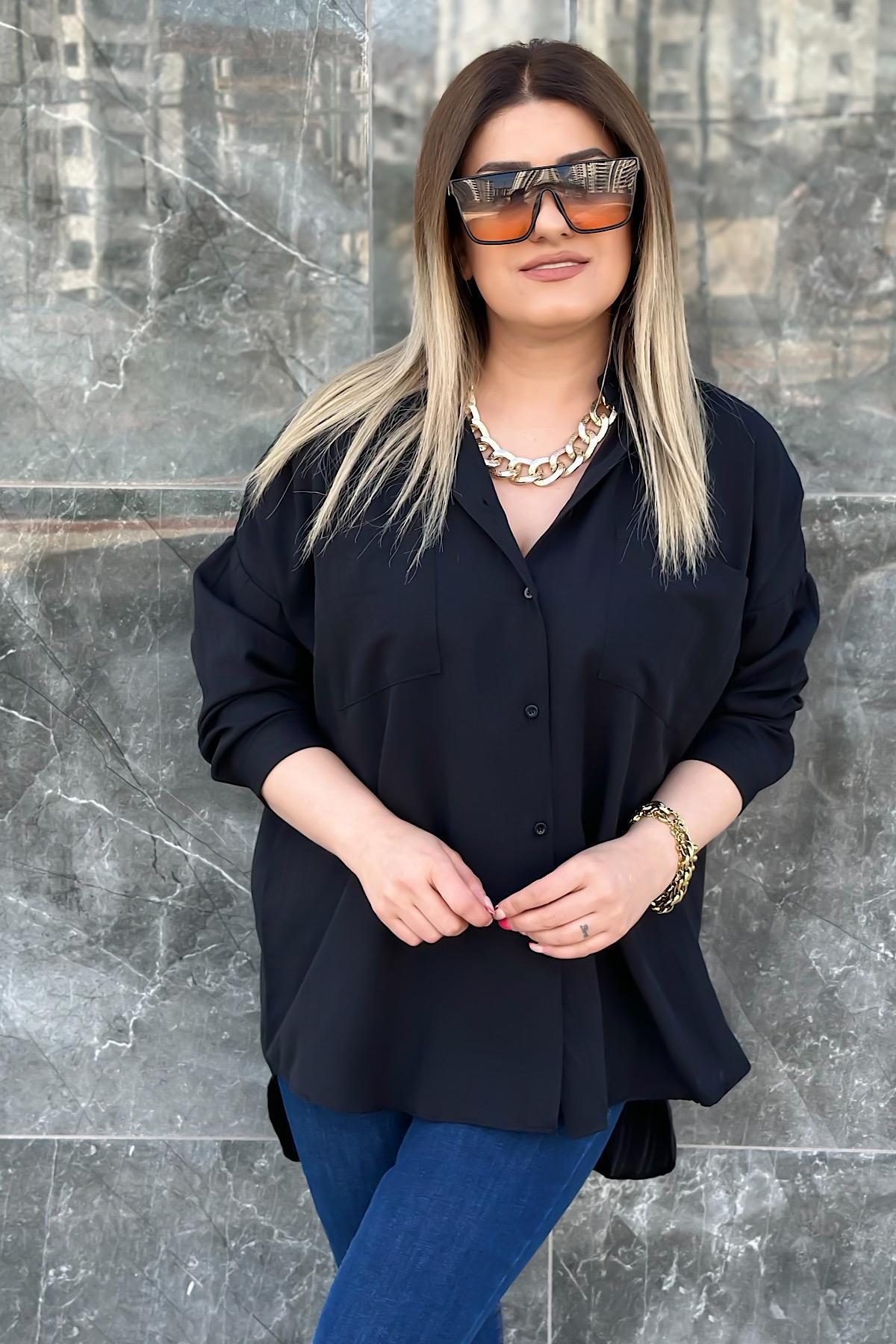 Çift Cepli Kendinden Çizgili Pamuklu Gömlek 325 SİYAH