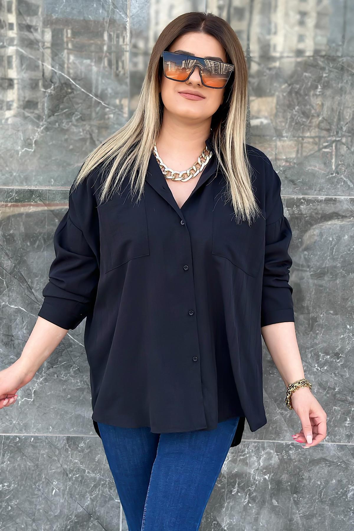 Çift Cepli Kendinden Çizgili Pamuklu Gömlek 325 SİYAH