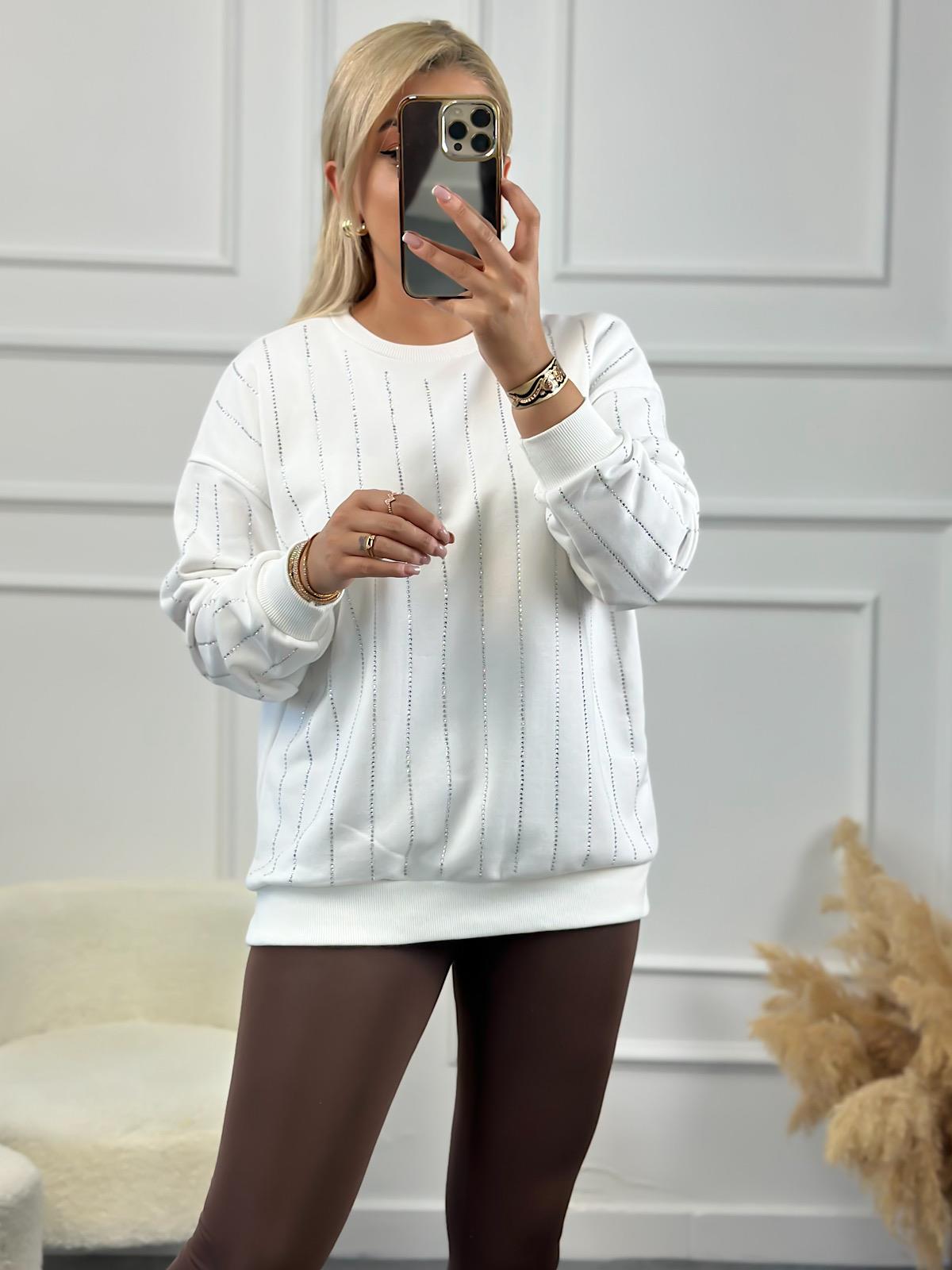 Çizgi Taşlı Sweatshirt BEYAZ
