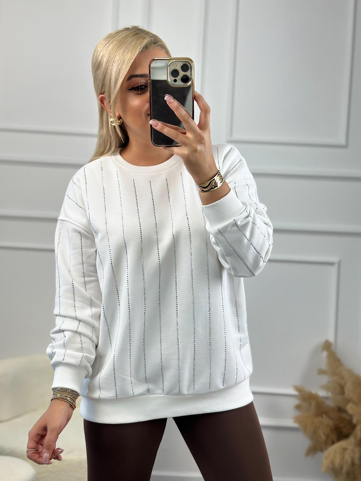 Çizgi Taşlı Sweatshirt BEYAZ