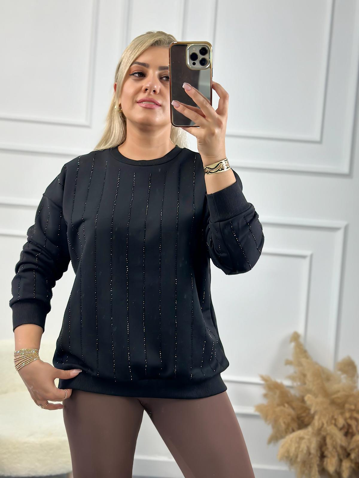 Çizgi Taşlı Sweatshirt SİYAH