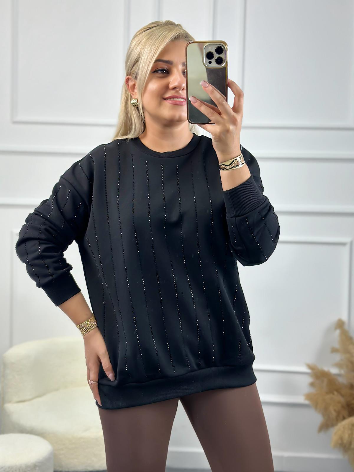 Çizgi Taşlı Sweatshirt SİYAH