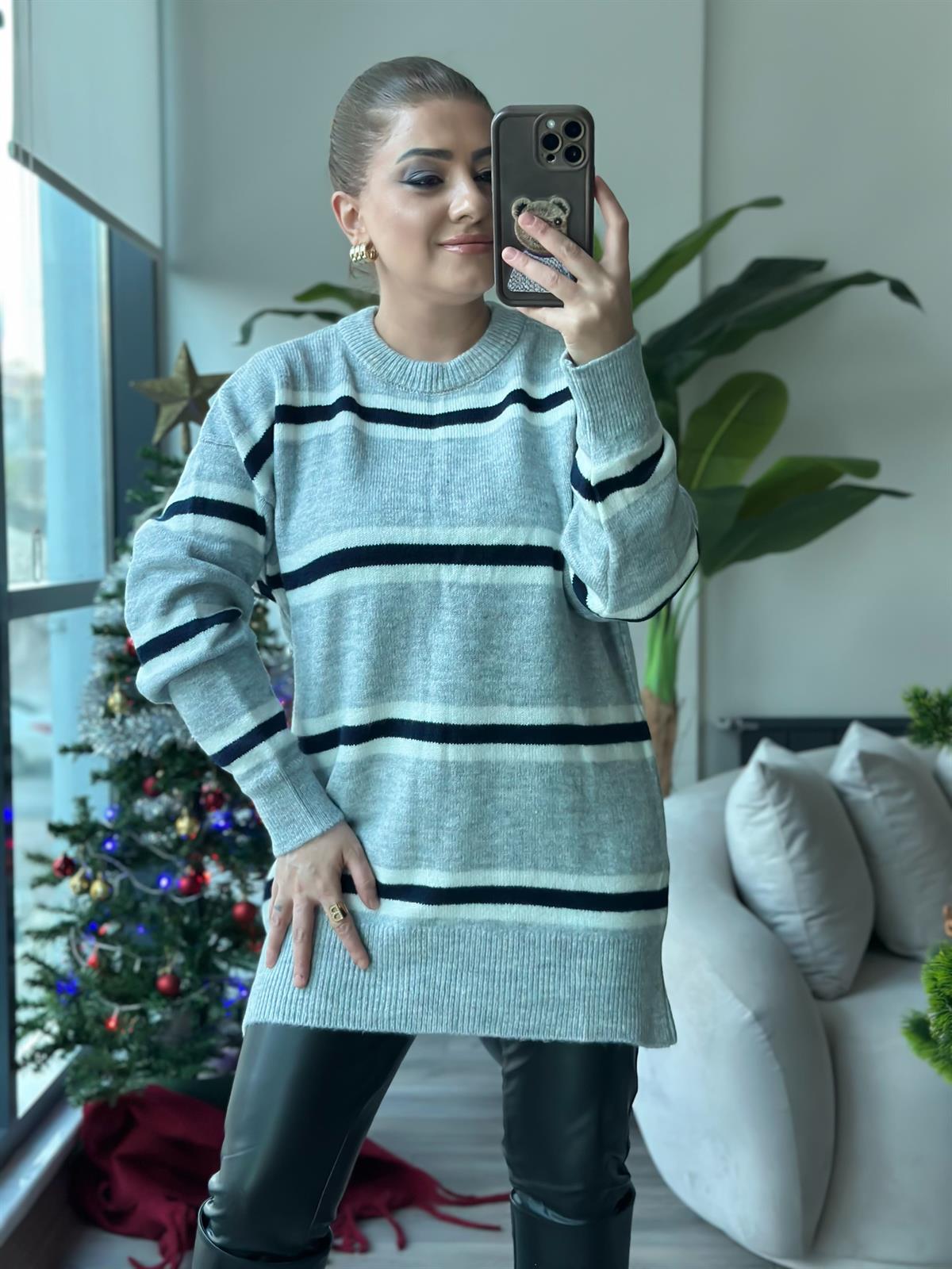 Çizgili Bisiklet Yaka Uzun Kazak GRİ