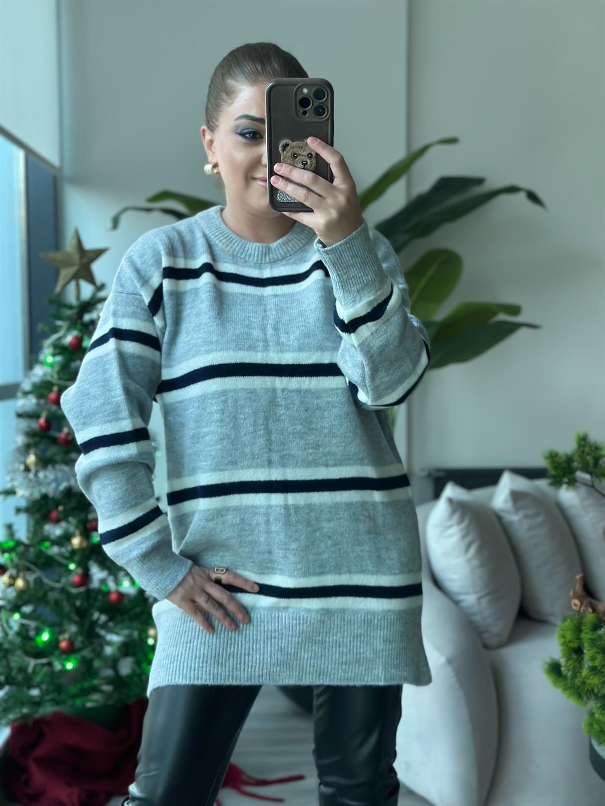 Çizgili Bisiklet Yaka Uzun Kazak GRİ