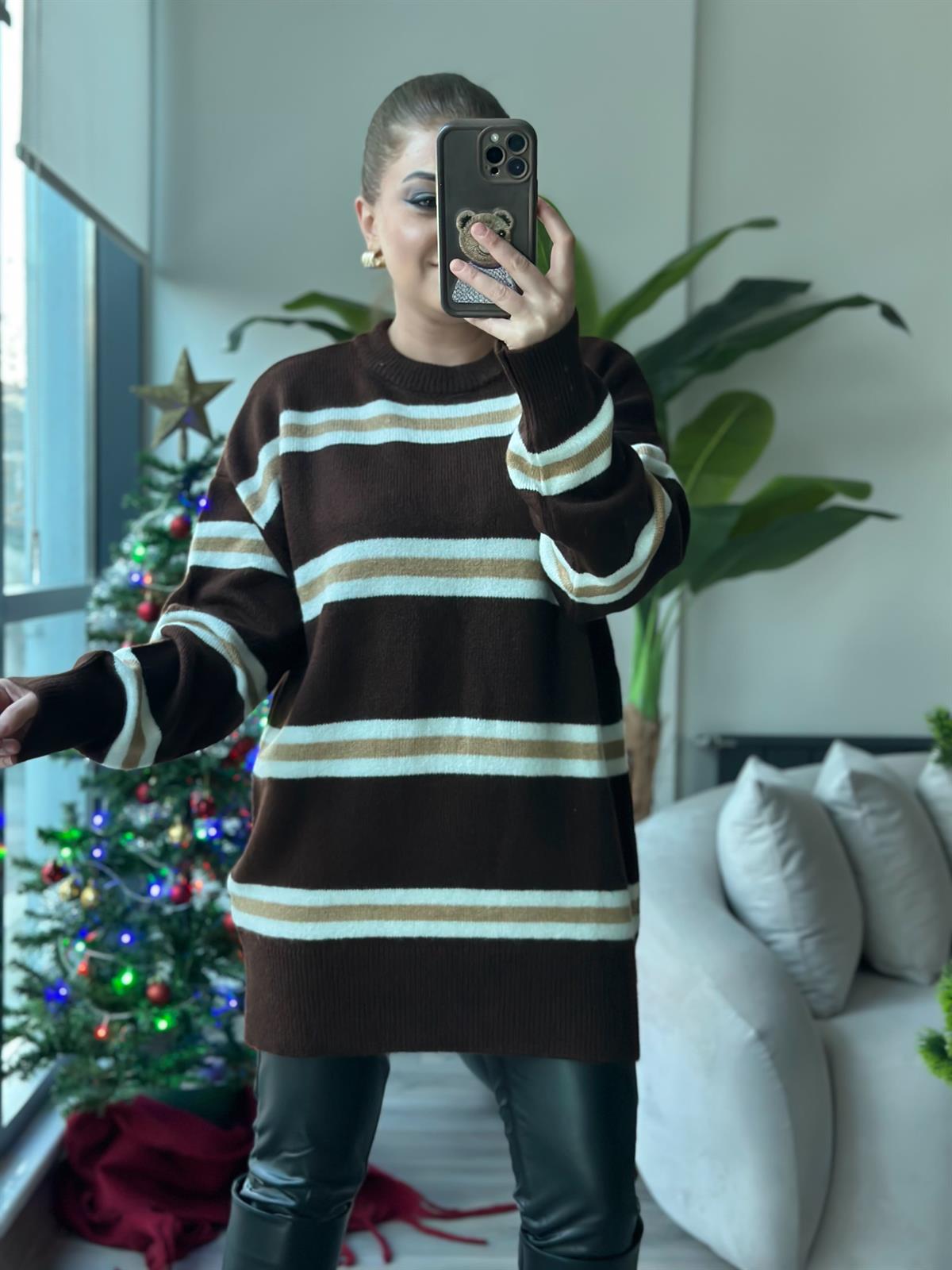 Çizgili Bisiklet Yaka Uzun Kazak KAHVE