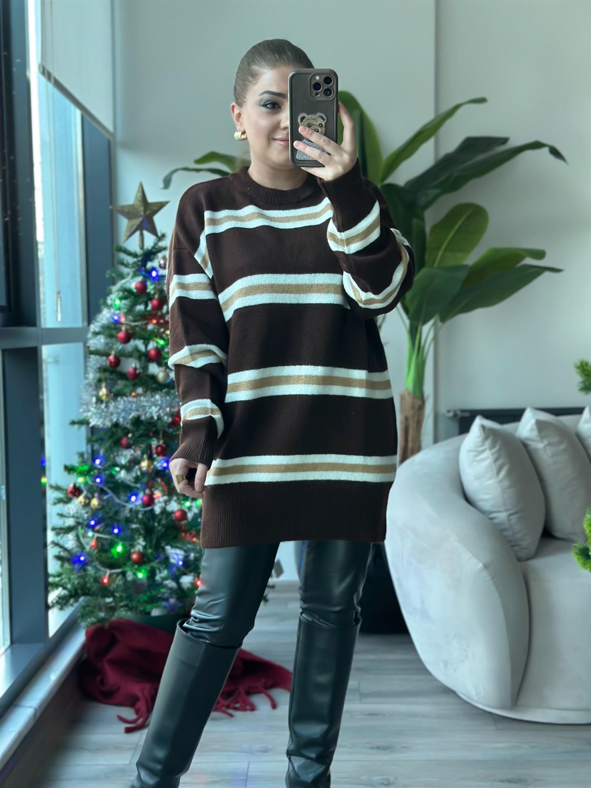 Çizgili Bisiklet Yaka Uzun Kazak KAHVE