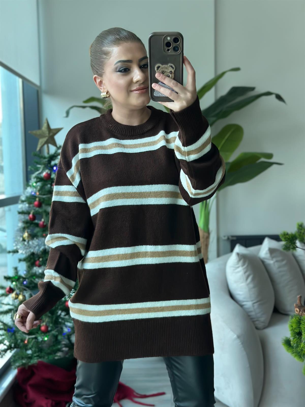 Çizgili Bisiklet Yaka Uzun Kazak KAHVE