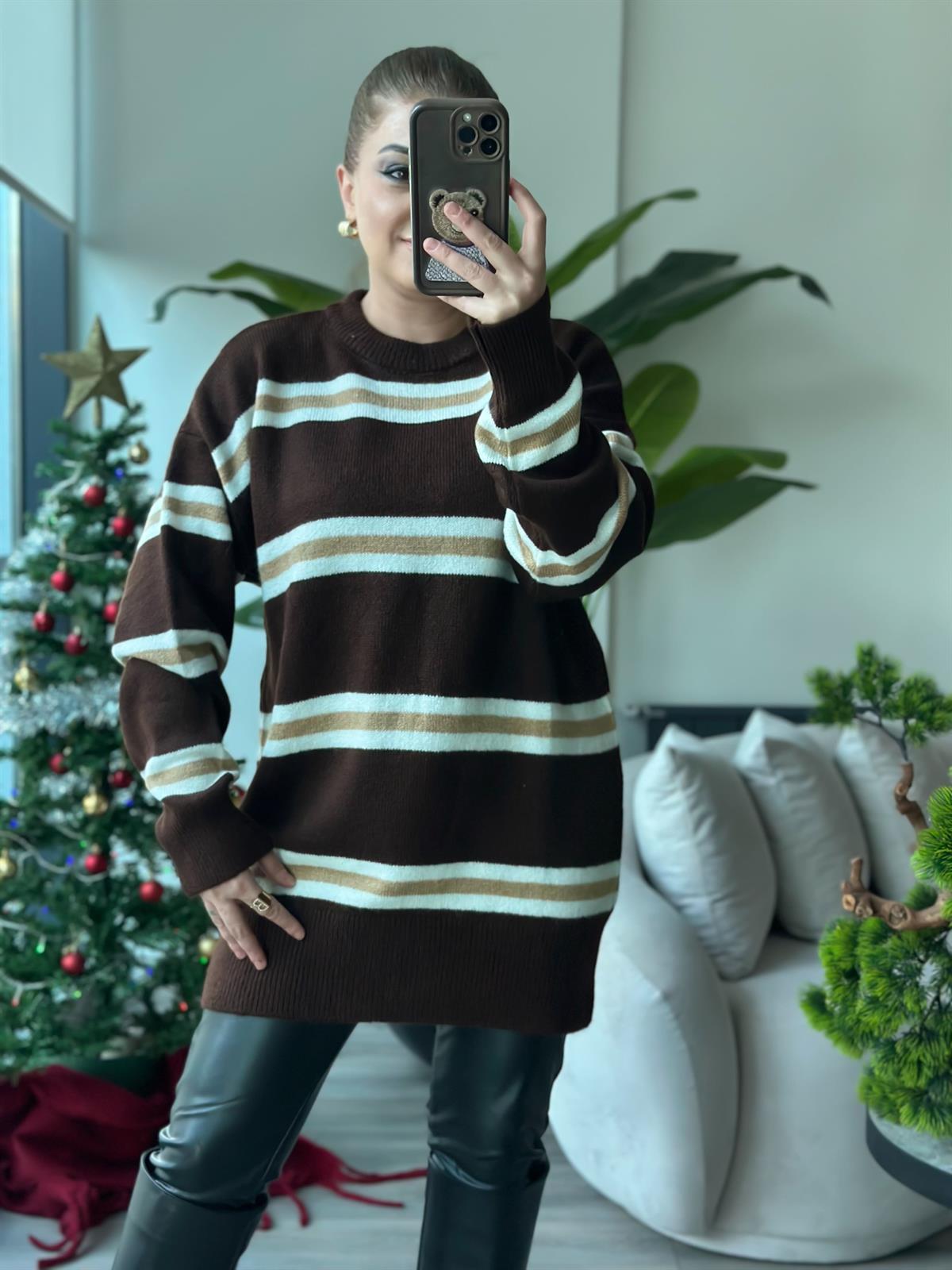 Çizgili Bisiklet Yaka Uzun Kazak KAHVE