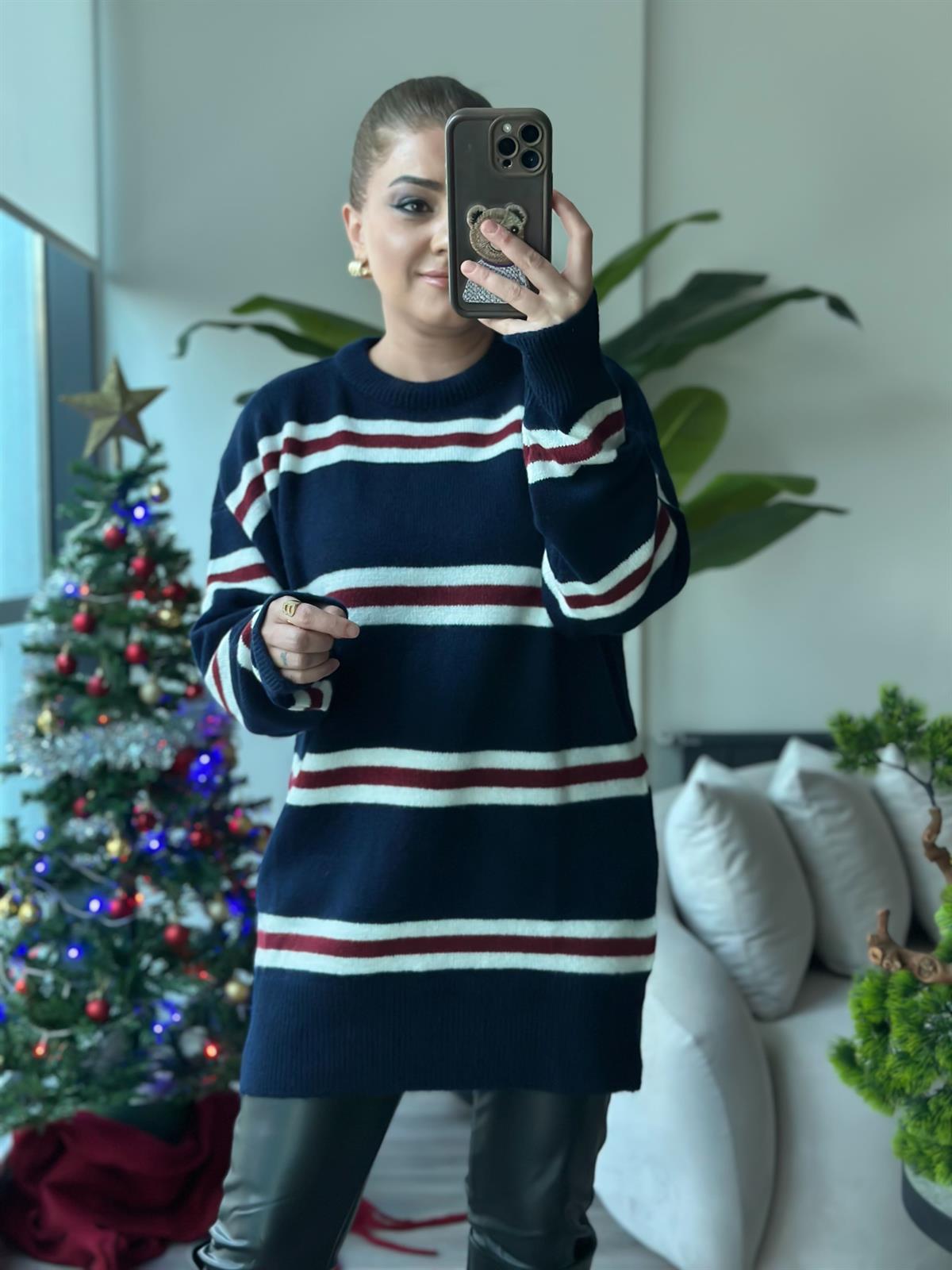 Çizgili Bisiklet Yaka Uzun Kazak LACİVERT