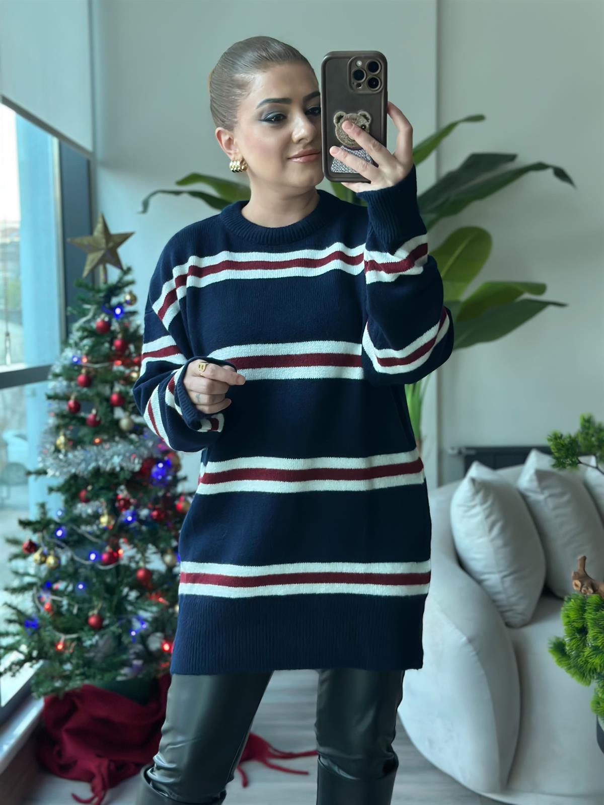 Çizgili Bisiklet Yaka Uzun Kazak LACİVERT