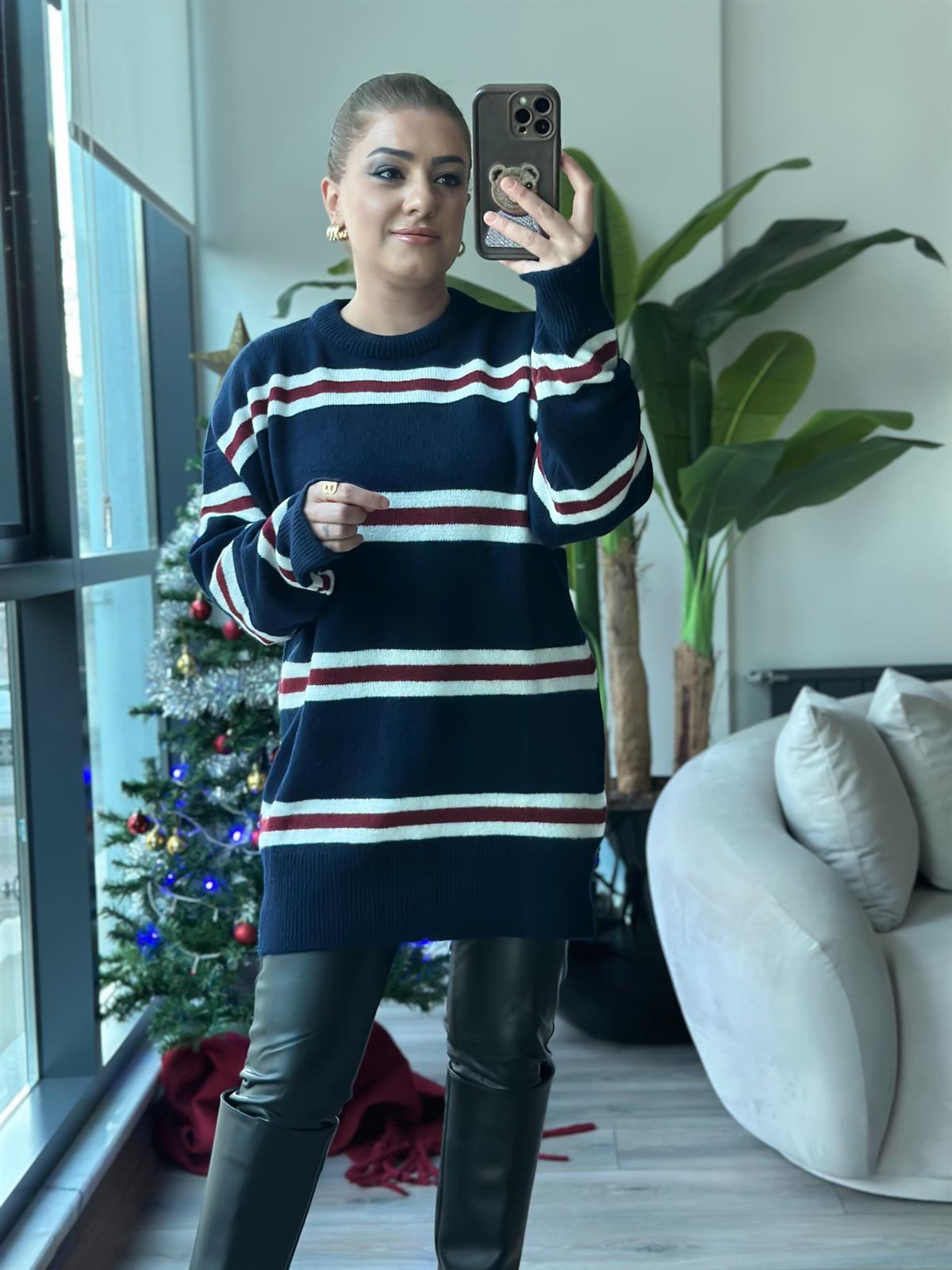 Çizgili Bisiklet Yaka Uzun Kazak LACİVERT