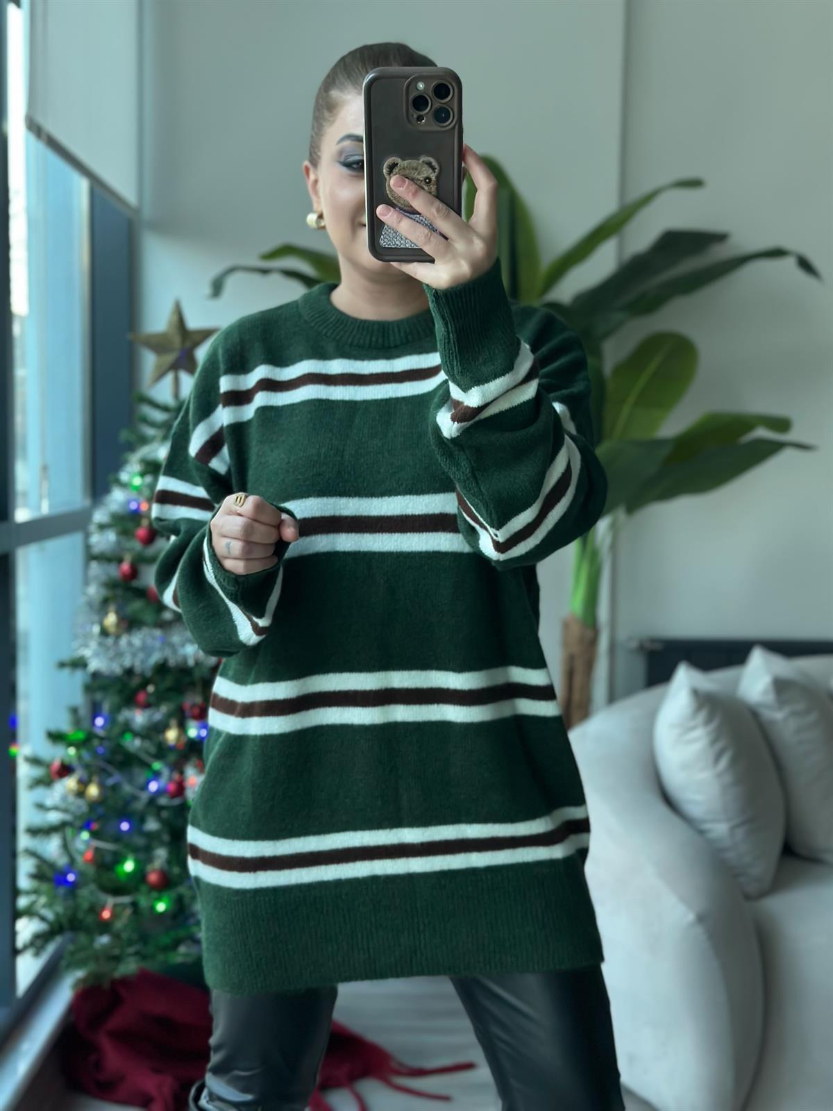 Çizgili Bisiklet Yaka Uzun Kazak YEŞİL