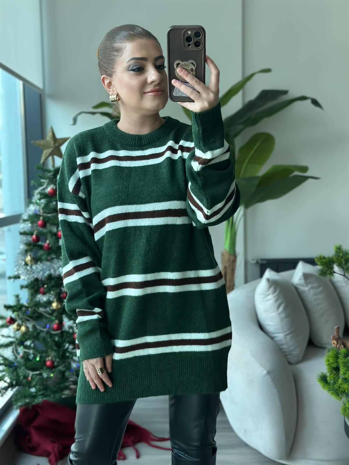 Çizgili Bisiklet Yaka Uzun Kazak YEŞİL