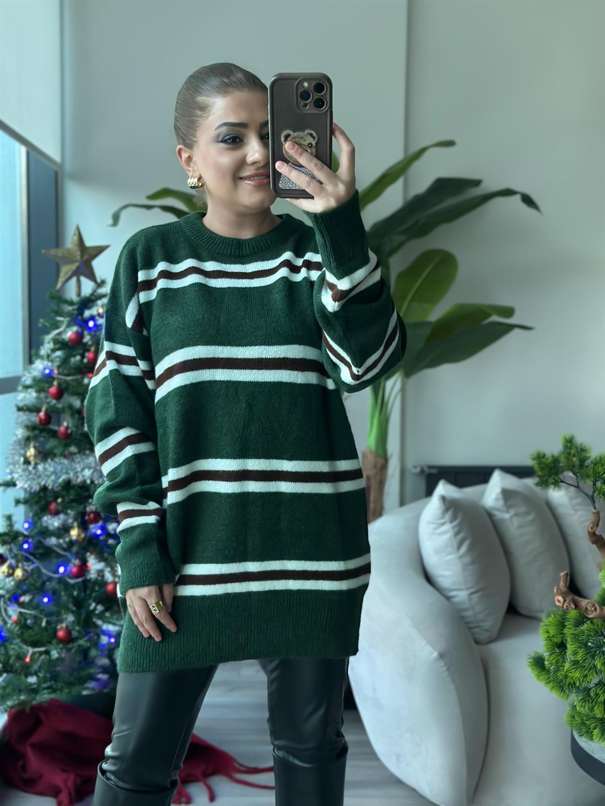 Çizgili Bisiklet Yaka Uzun Kazak YEŞİL