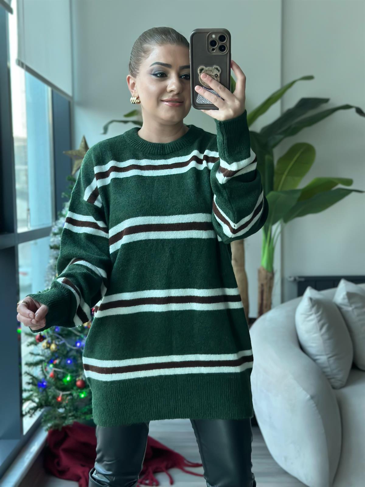 Çizgili Bisiklet Yaka Uzun Kazak YEŞİL