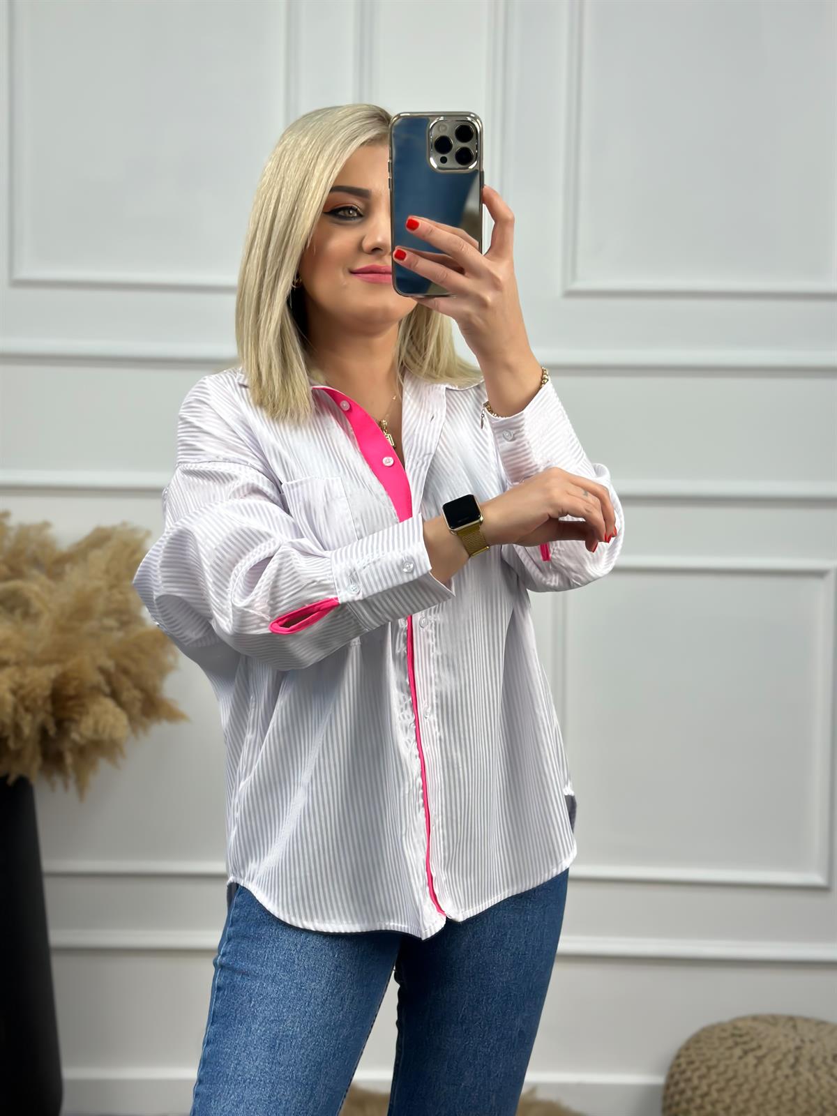 Çizgili Cepli Arkası Düğmeli Gömlek NEON PEMBE