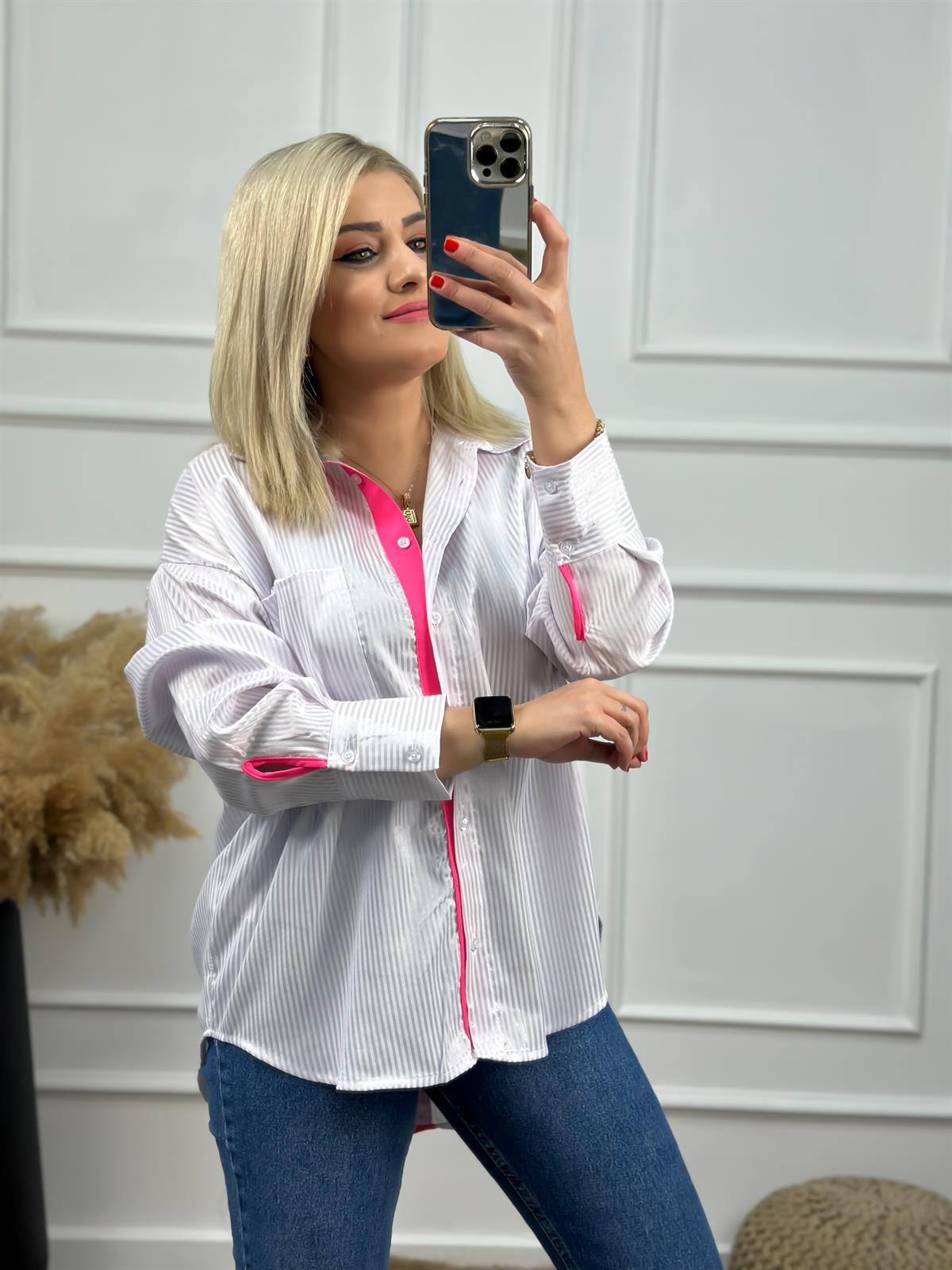 Çizgili Cepli Arkası Düğmeli Gömlek NEON PEMBE