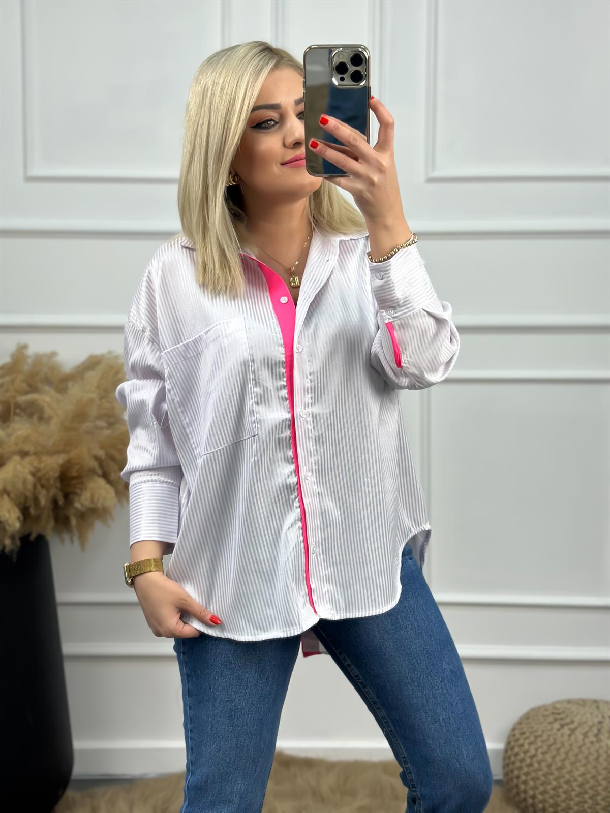Çizgili Cepli Arkası Düğmeli Gömlek NEON PEMBE