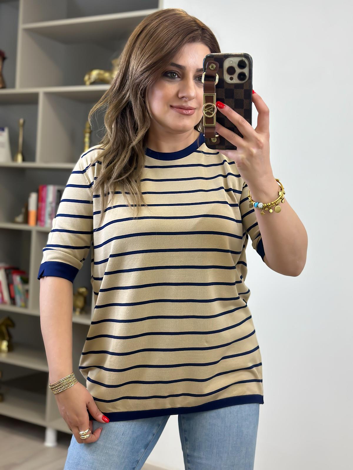 Çizgili Kısa Kol Triko CAMEL LACİVERT