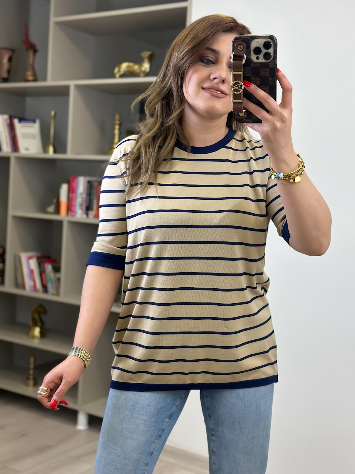 Çizgili Kısa Kol Triko CAMEL LACİVERT
