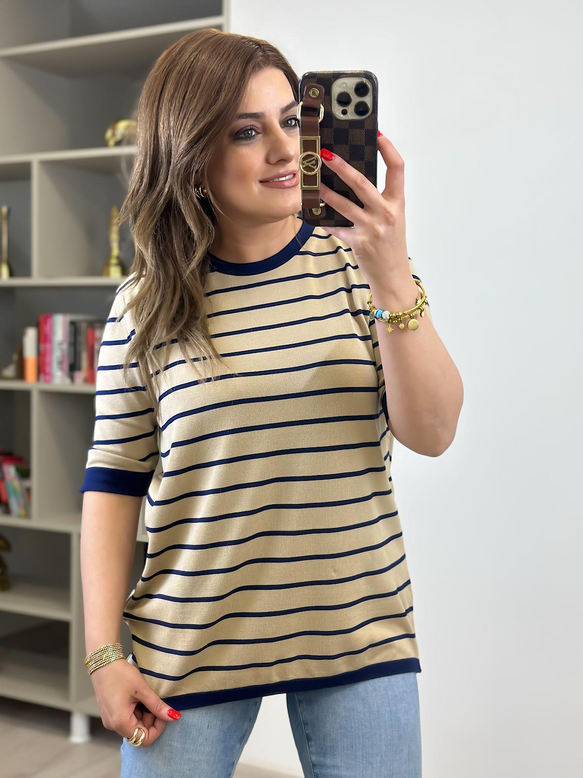 Çizgili Kısa Kol Triko CAMEL LACİVERT