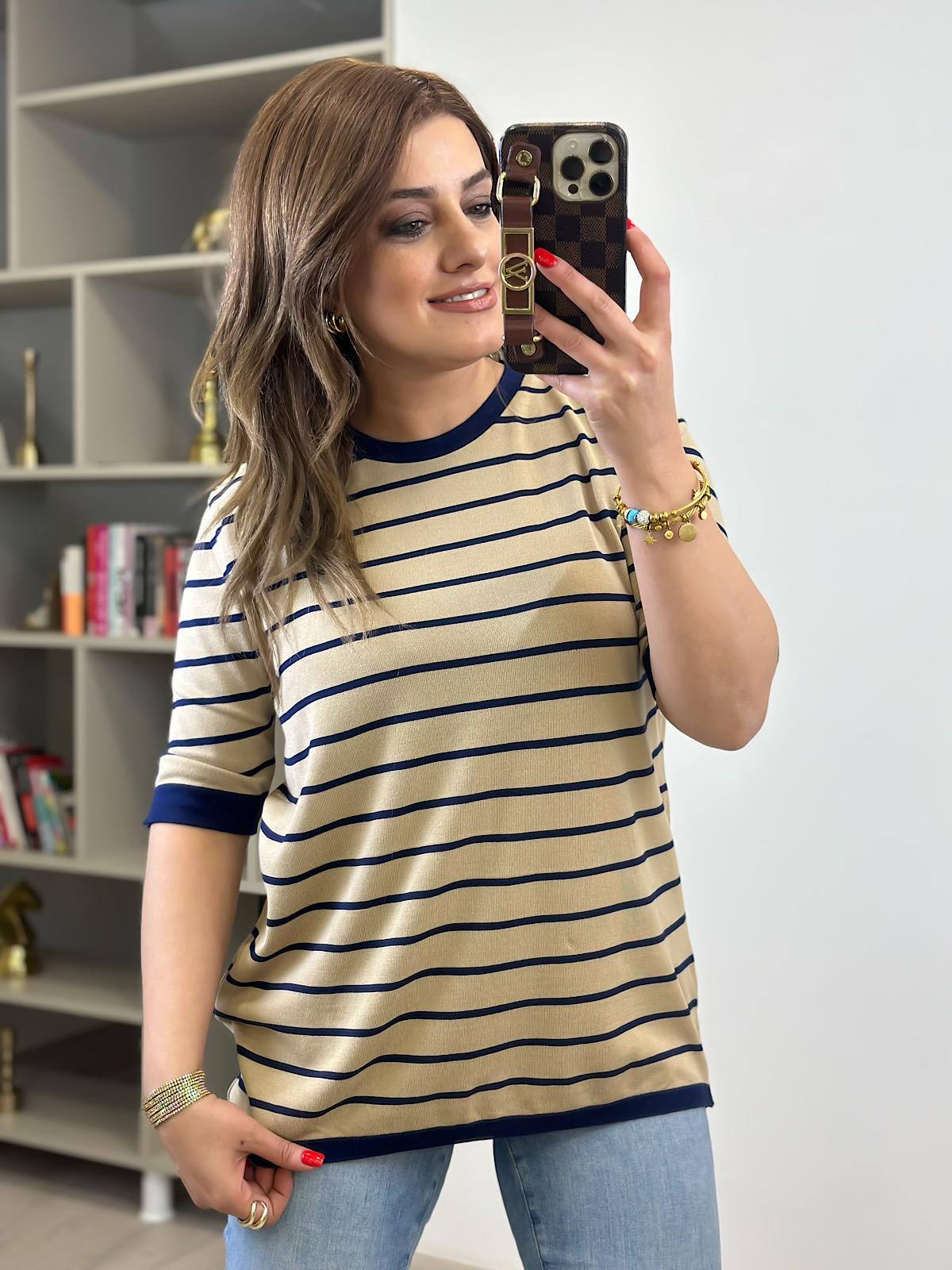 Çizgili Kısa Kol Triko CAMEL LACİVERT
