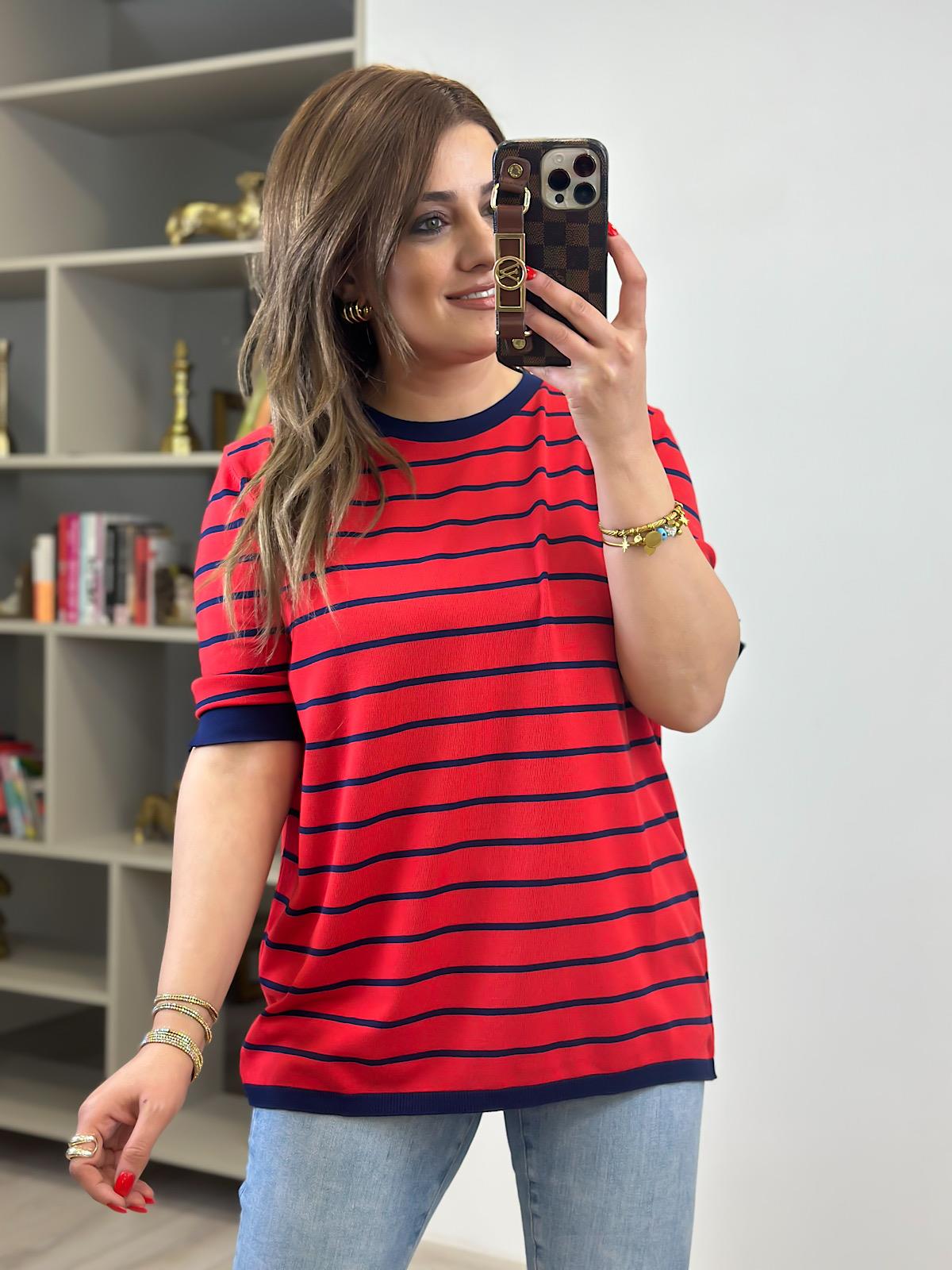 Çizgili Kısa Kol Triko KIRMIZI LACİVERT