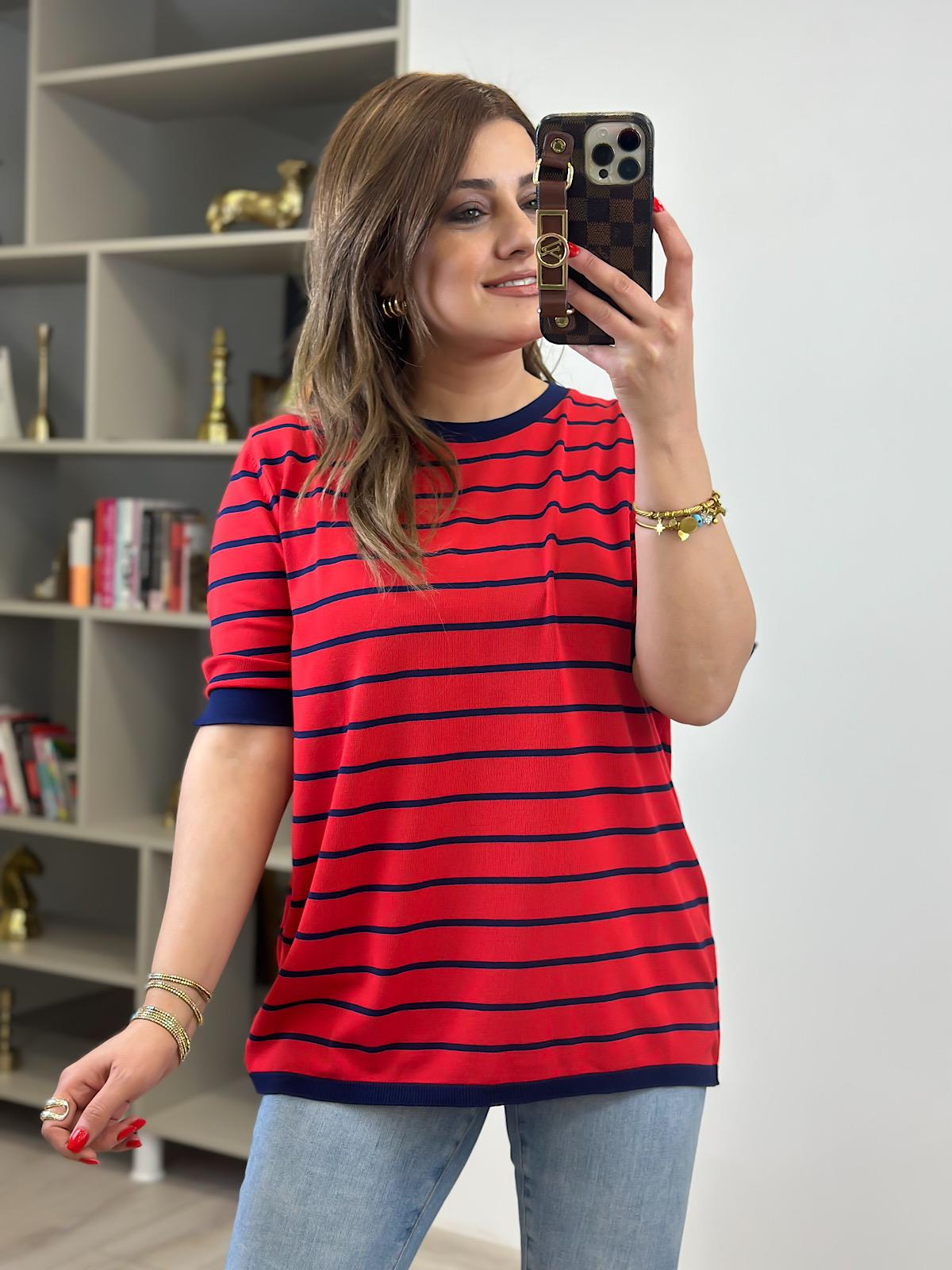 Çizgili Kısa Kol Triko KIRMIZI LACİVERT