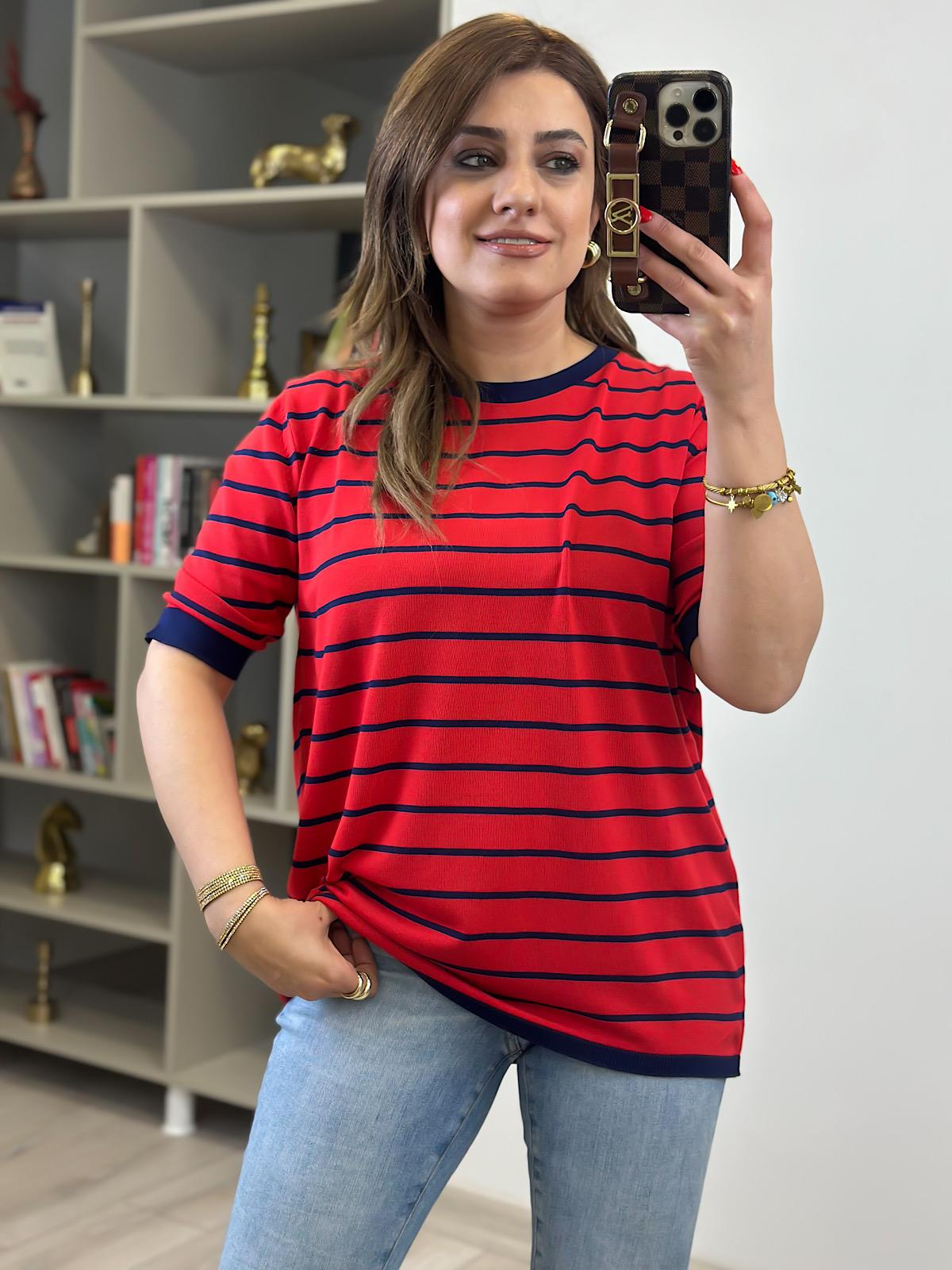 Çizgili Kısa Kol Triko KIRMIZI LACİVERT