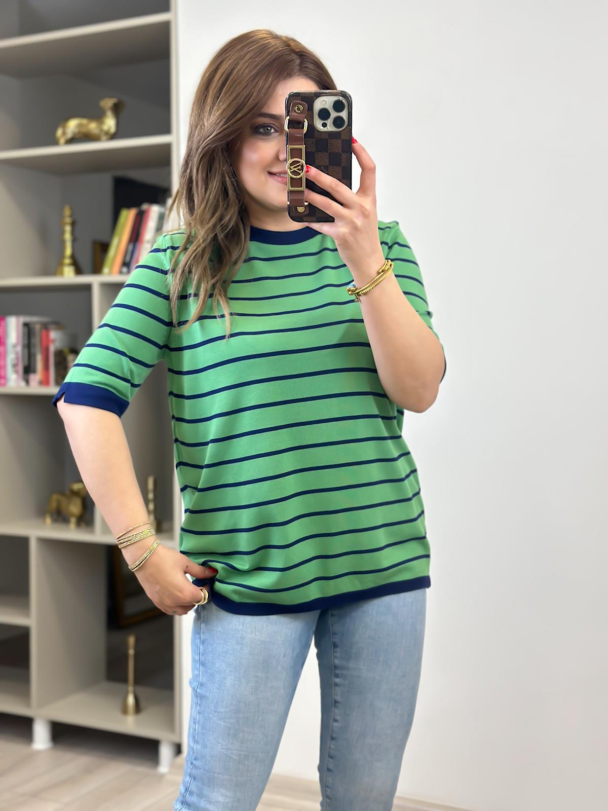 Çizgili Kısa Kol Triko LACİVERT - YEŞİL