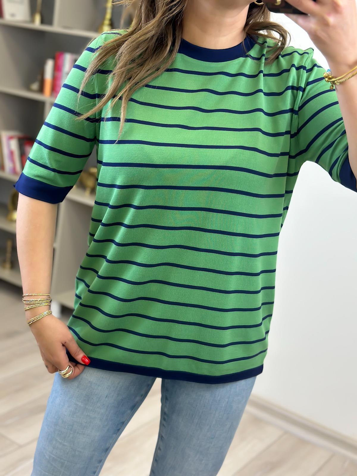 Çizgili Kısa Kol Triko LACİVERT - YEŞİL