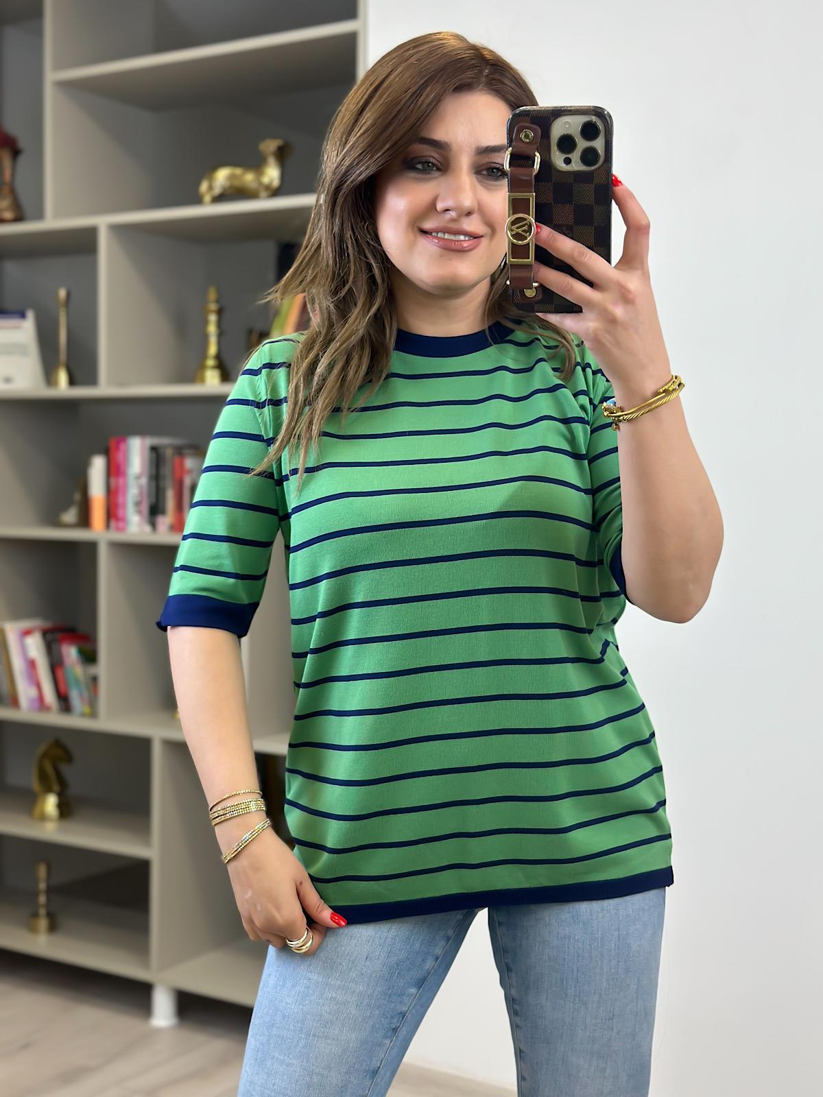 Çizgili Kısa Kol Triko LACİVERT - YEŞİL