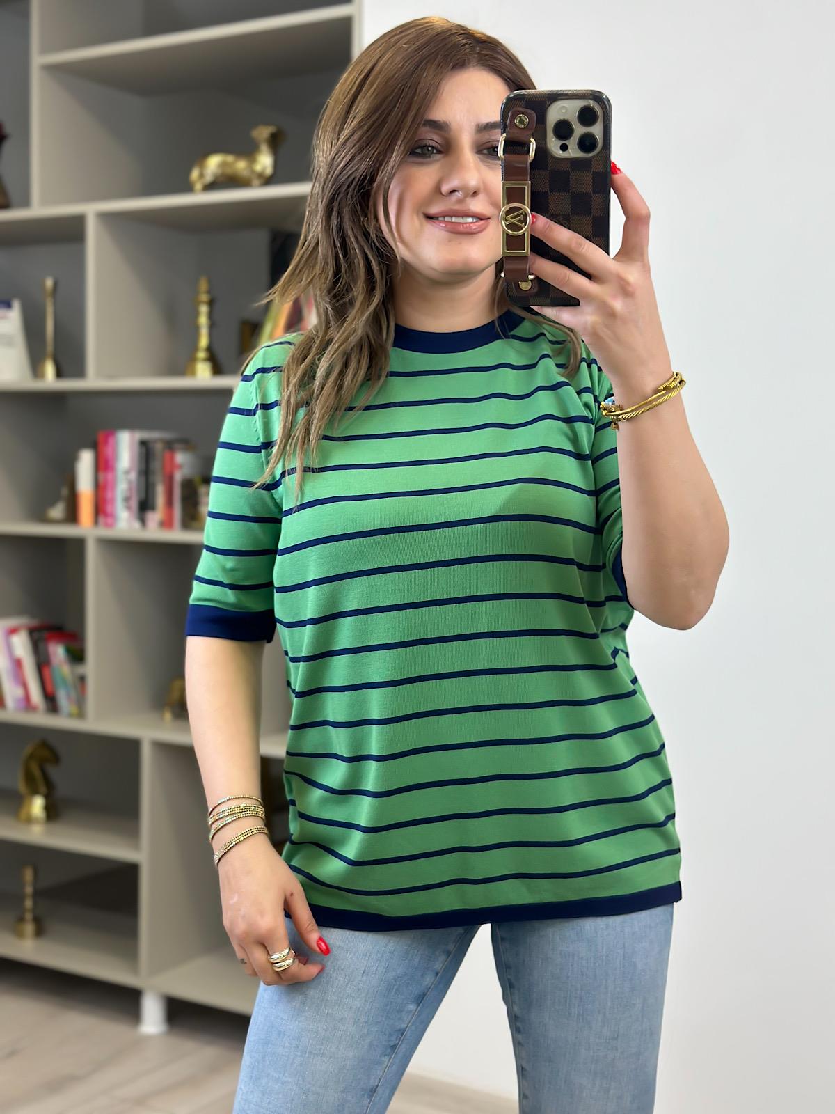 Çizgili Kısa Kol Triko LACİVERT - YEŞİL