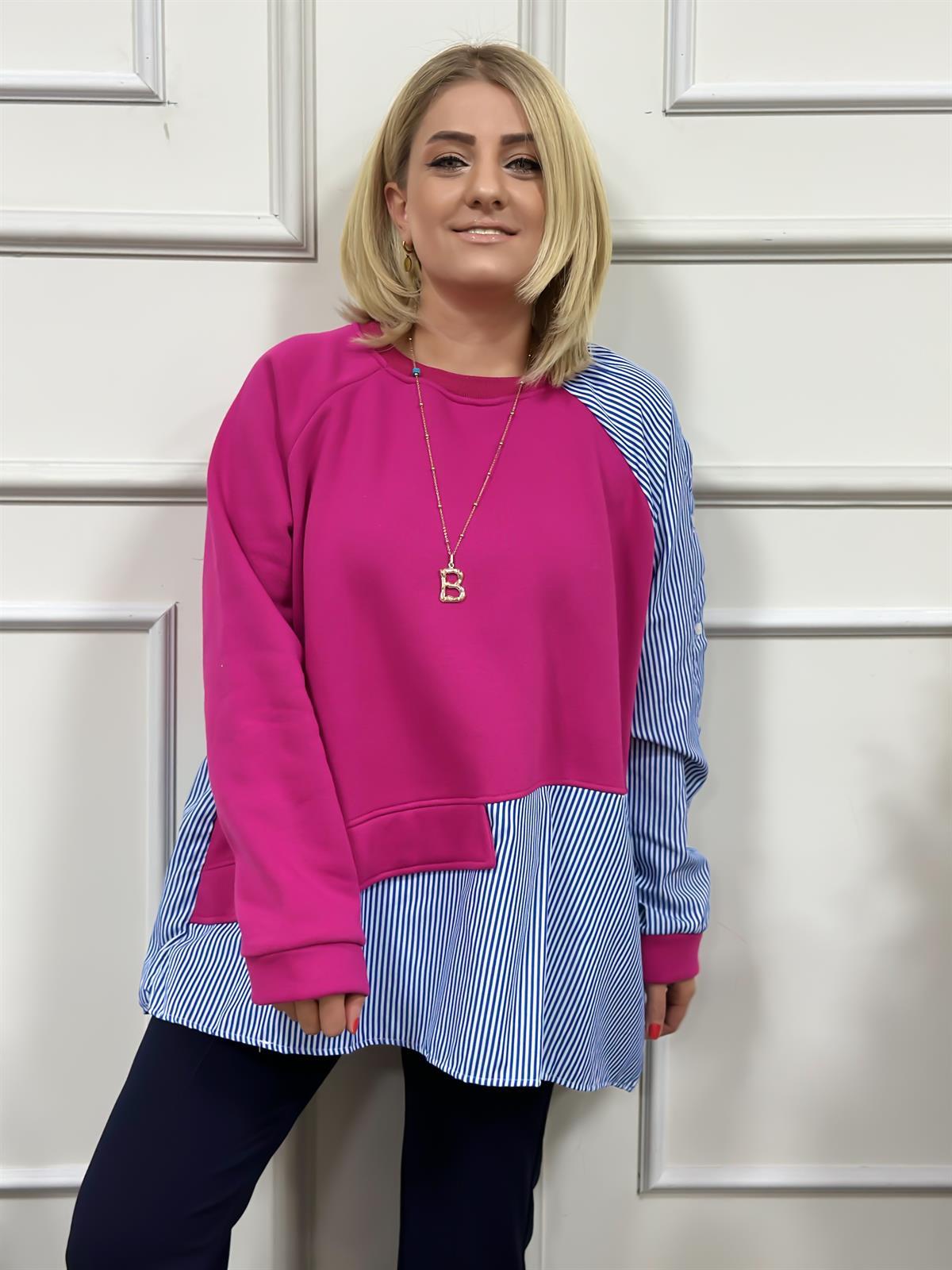 Çizgili Kolları Düğmeli Sweatshirt PEMBE