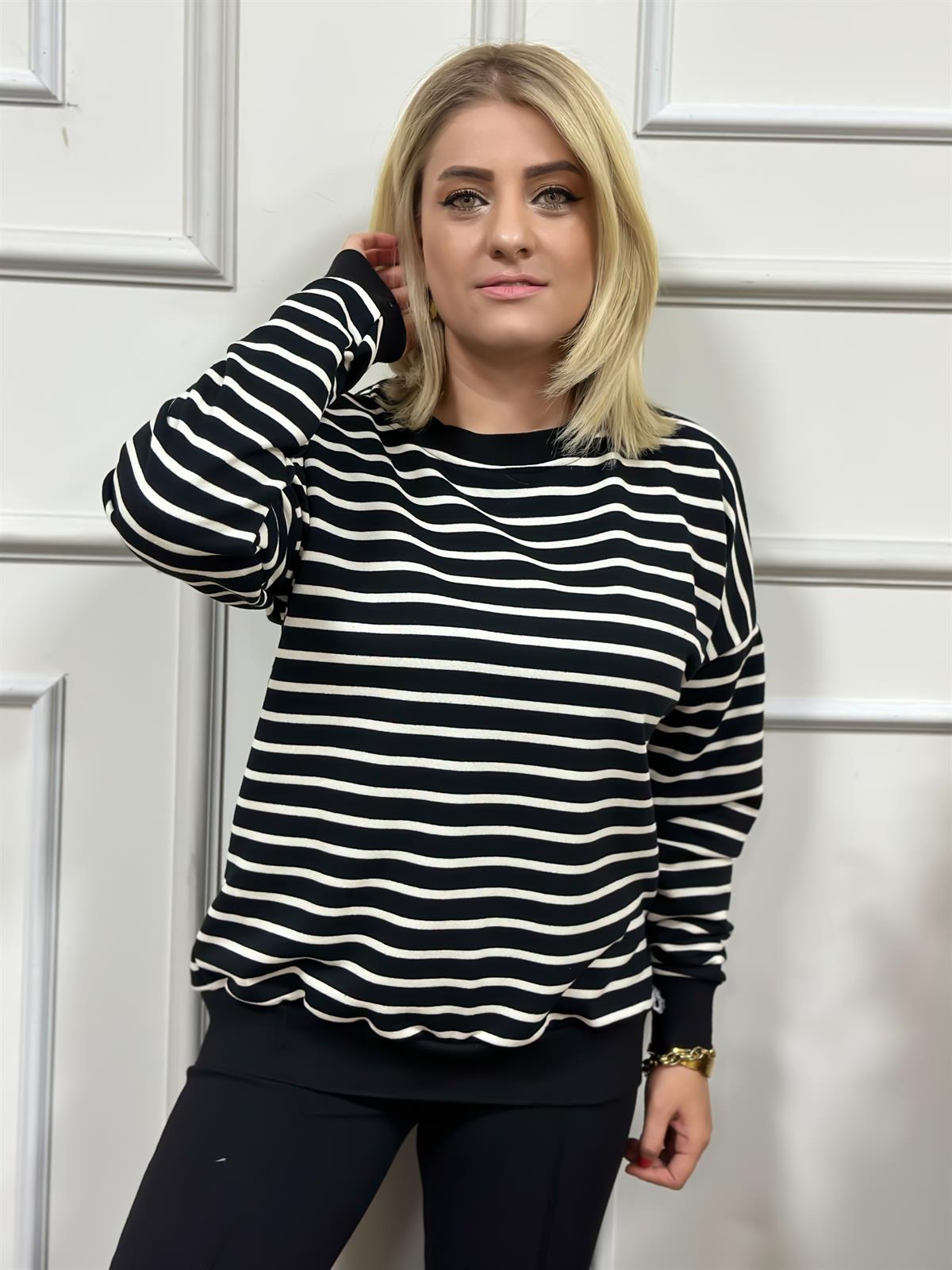Çizgili Pamuk Kumaş Sweatshırt SİYAH