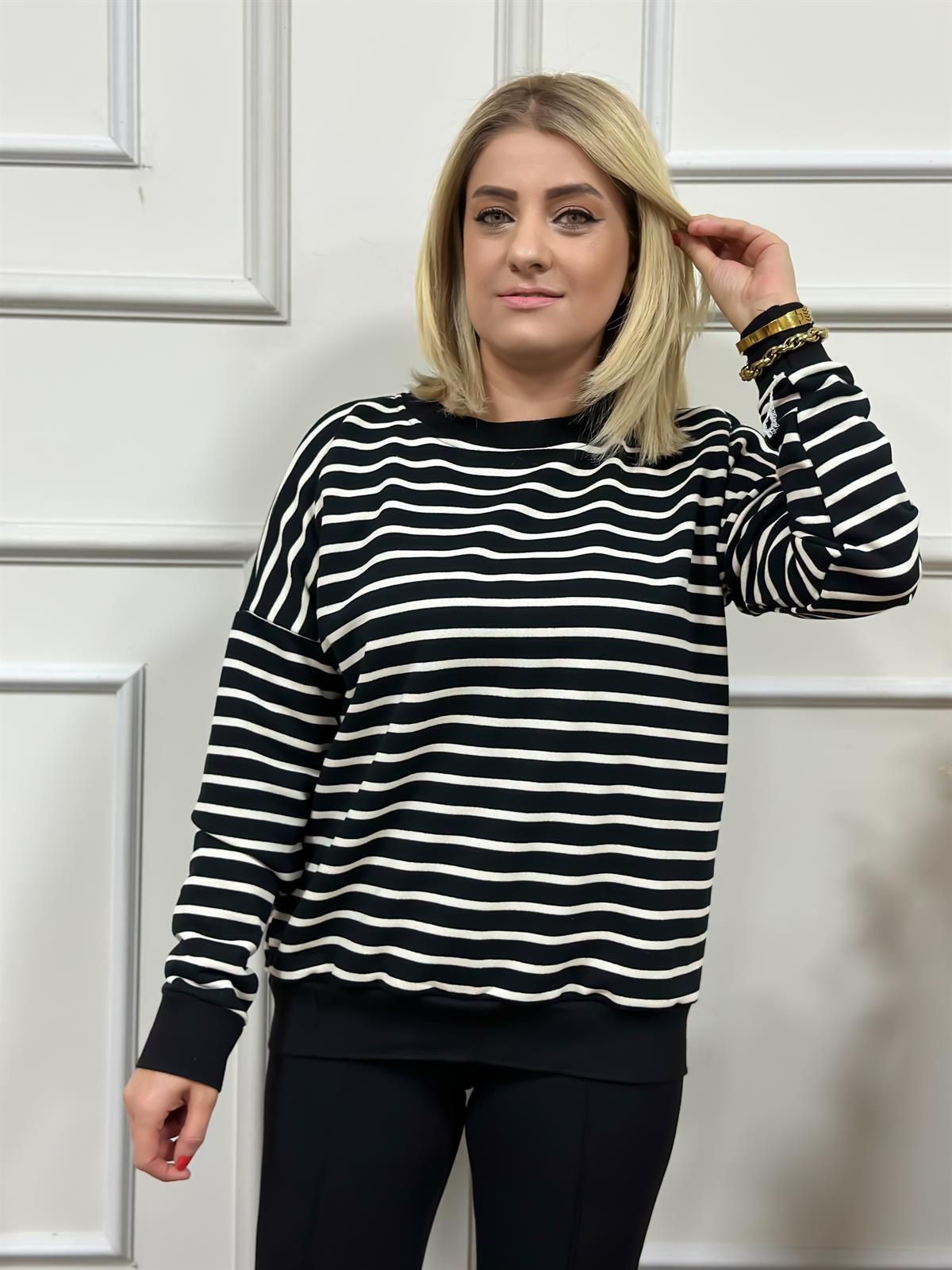 Çizgili Pamuk Kumaş Sweatshırt SİYAH
