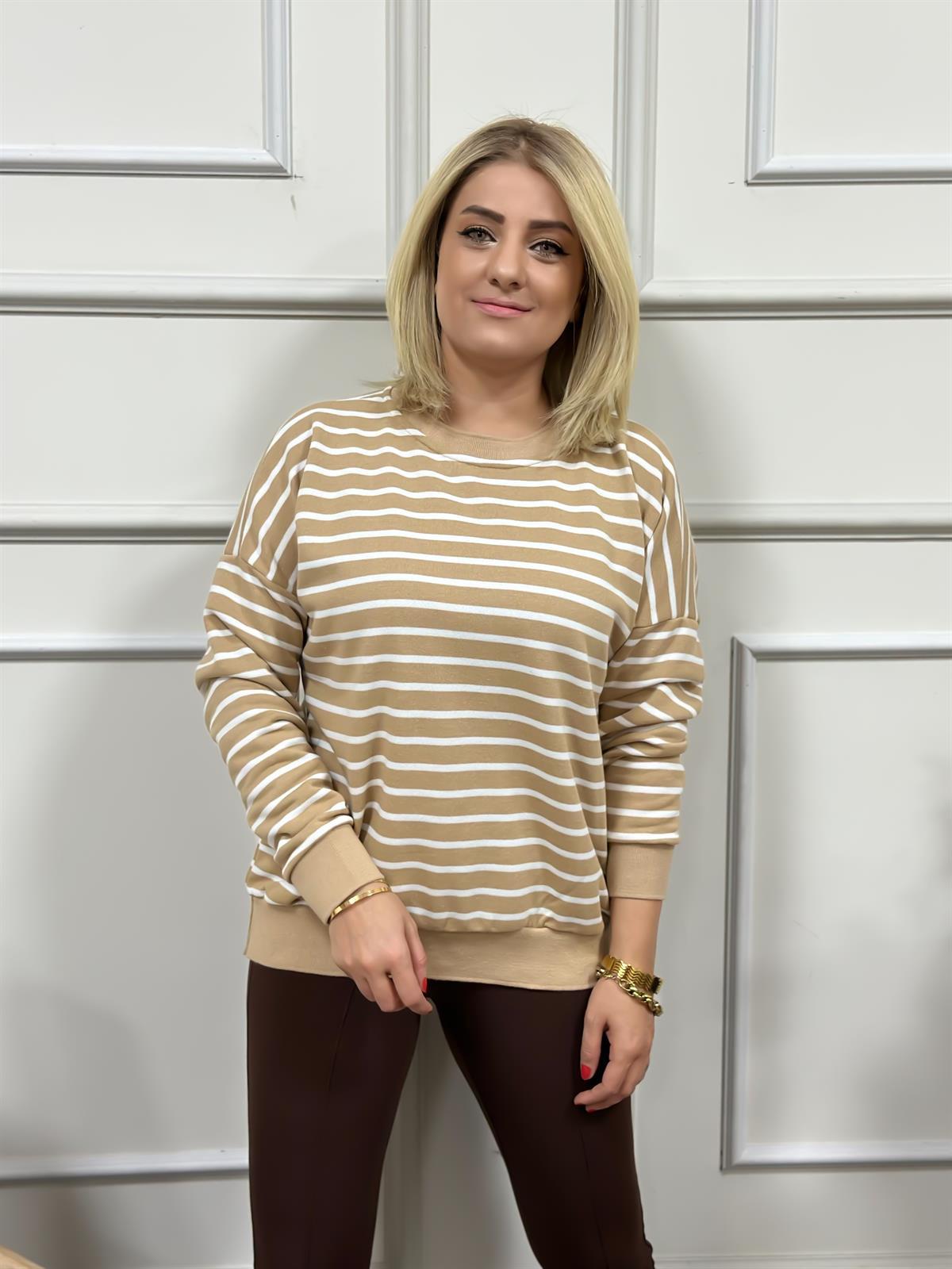 Çizgili Pamuk Kumaş Sweatshırt VİZON
