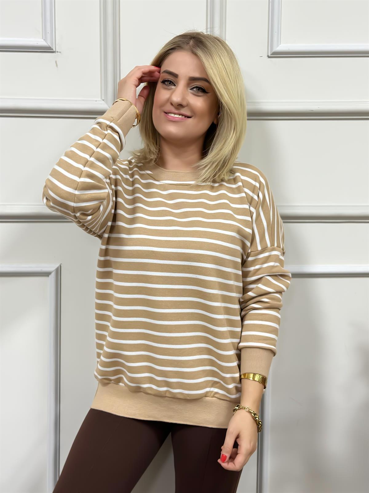 Çizgili Pamuk Kumaş Sweatshırt VİZON