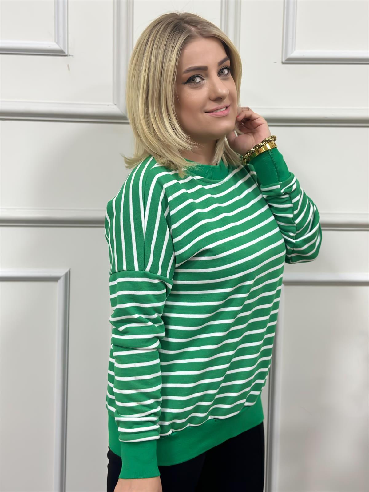 Çizgili Pamuk Kumaş Sweatshırt YEŞİL