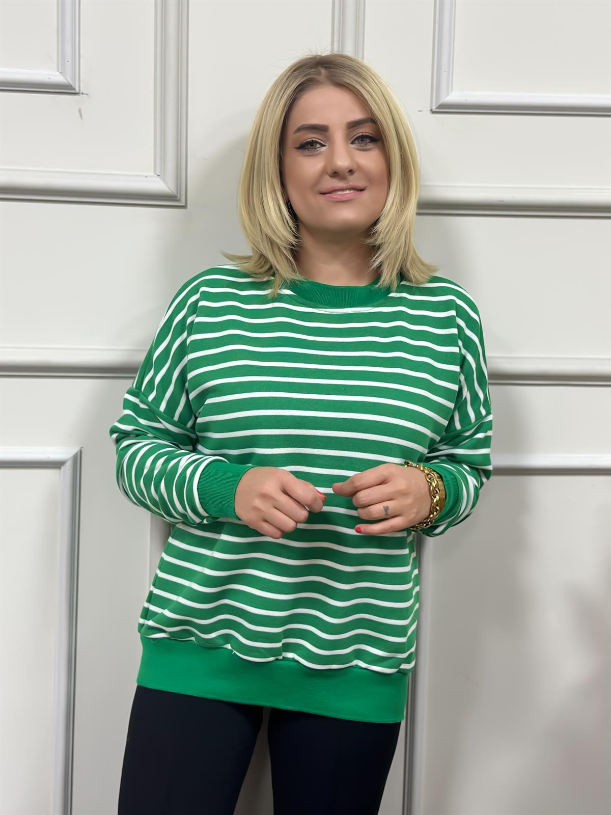 Çizgili Pamuk Kumaş Sweatshırt YEŞİL