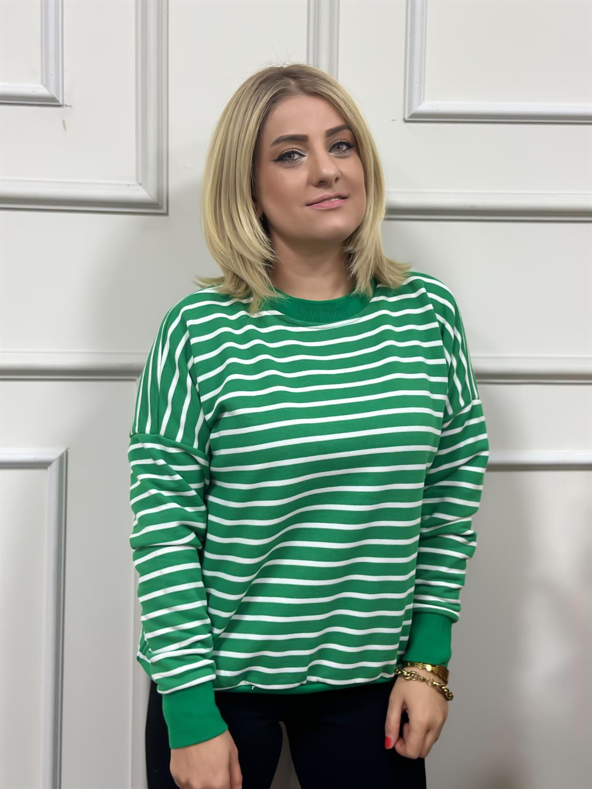 Çizgili Pamuk Kumaş Sweatshırt YEŞİL