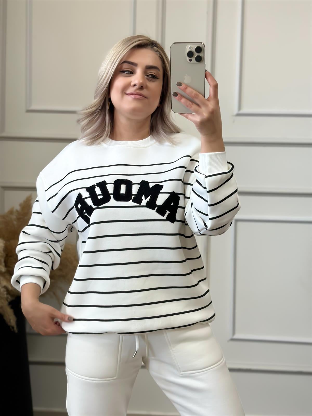 Çizgili Yazı Baskılı İçi Polarlı Sweatshırt BEYAZ