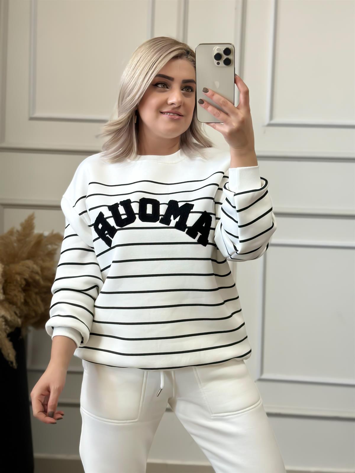 Çizgili Yazı Baskılı İçi Polarlı Sweatshırt BEYAZ