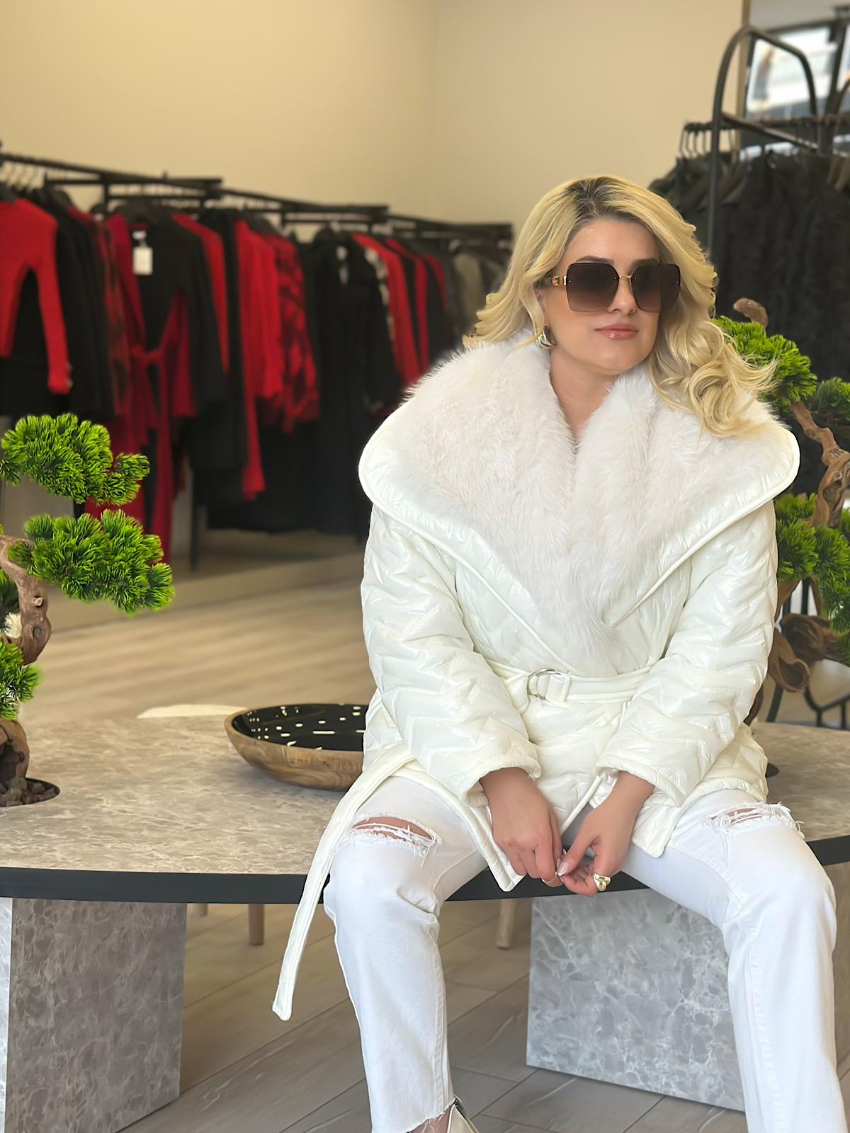 Colmar Kürklü  Kemerli Mont BEYAZ