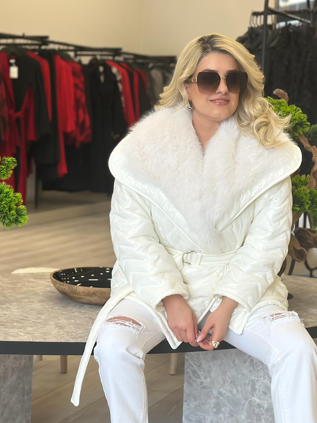 Colmar Kürklü  Kemerli Mont BEYAZ