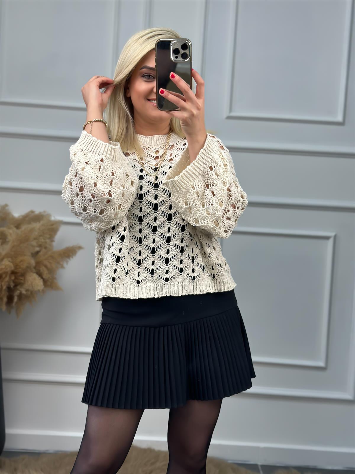 Dantel Desenli Ajurlu Triko BEJ