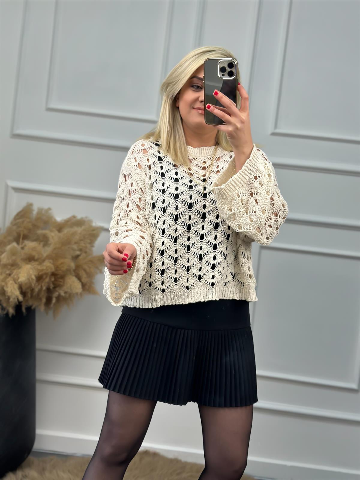 Dantel Desenli Ajurlu Triko BEJ