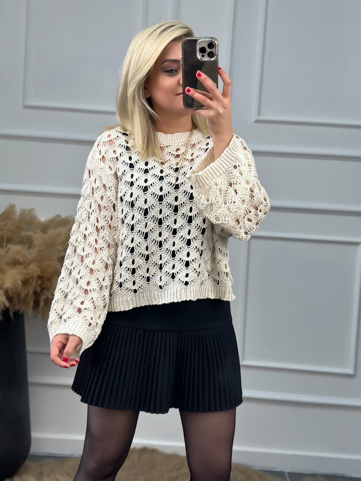 Dantel Desenli Ajurlu Triko BEJ